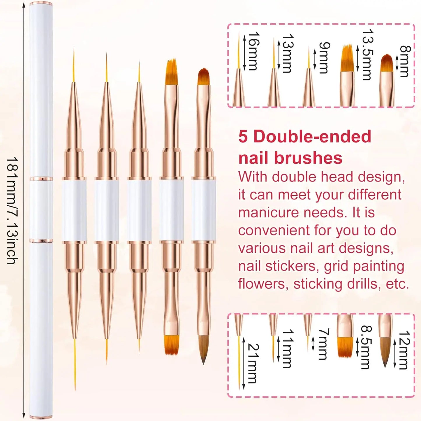 5-piece double head metal nail brush set, nail brush, nail polish brush, gel making brush, nail tool cleaning brush, nail design