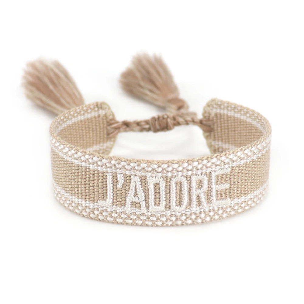 Fashionable JADORE French Charm Bracelet with Bohemian-Inspired Embroidery & Wrist Knitted Embellishments