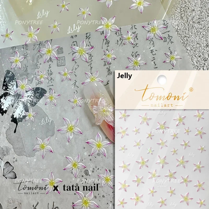 Jelly Colorful Lily Petals Flowers Gradient Halo Dyeing Delicate Shiny Dressy Rhinestone Spring Nail Art Stickers Manicure Decal