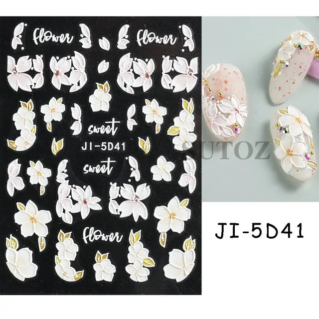 Embossed 5D Nail Art Stickers Colorful Elegant Flowers Rose Butterfly Sliders For Nails White Petals Manicure Decals GLJI-5D117