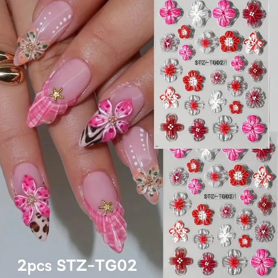 5D Embossed Fairy Orchid Hibiscus Nail Art Stickers Colorful Flowers Transparent Floral Decals Self-Adhesive Charms for Manicure