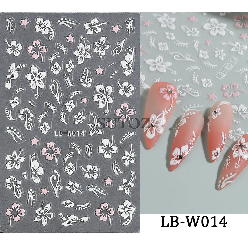 Embossed 5D Nail Art Stickers Colorful Elegant Flowers Rose Butterfly Sliders For Nails White Petals Manicure Decals GLJI-5D117