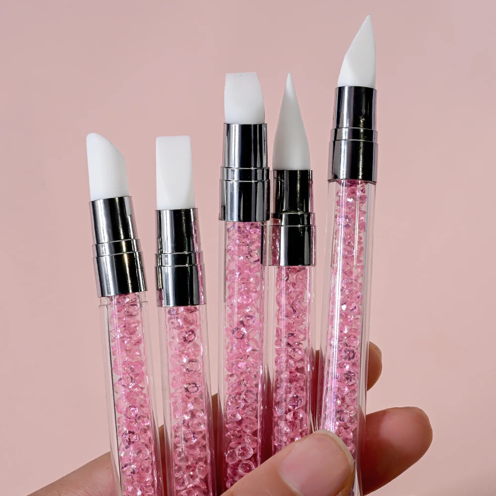 5Pcs/Set Pink Dual Ended Rhinestone Nail Art Silicone Pen Sculpture Pen/3D Flower Carving/Dotting Nail Tool 13cmManicure Brush