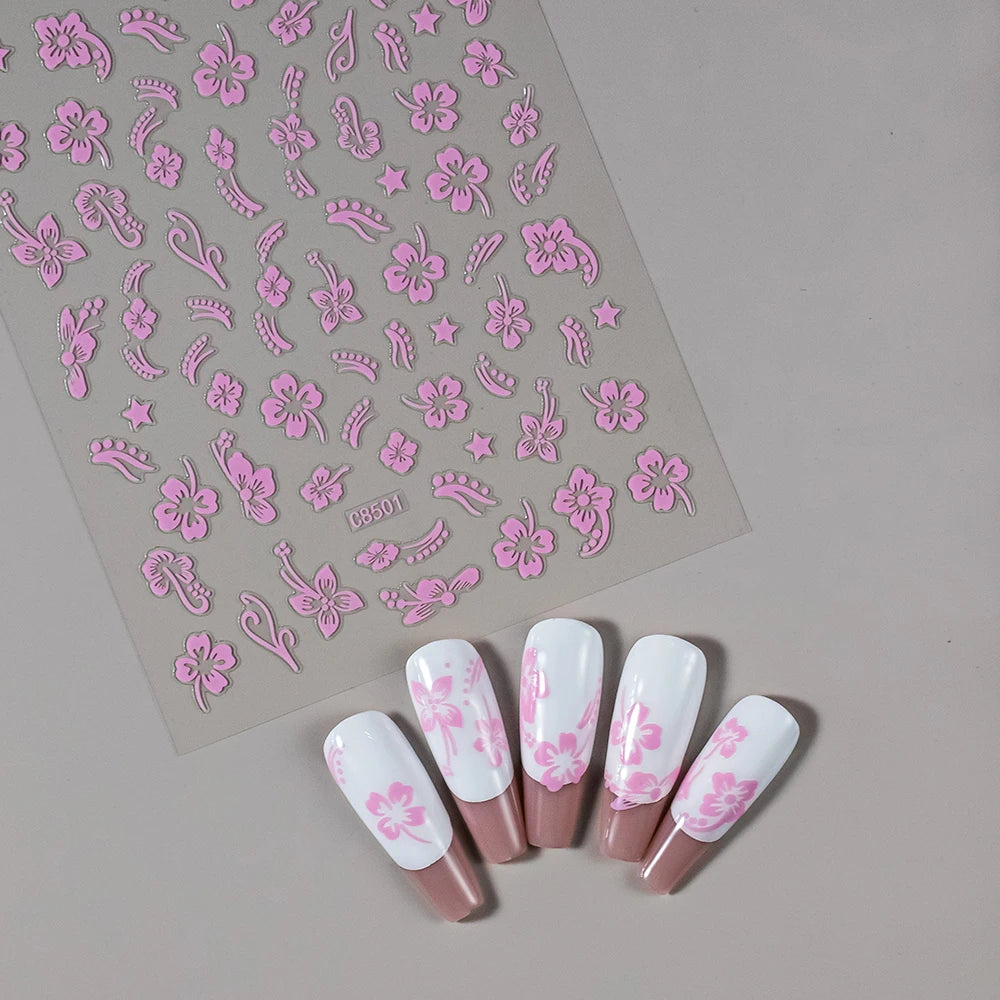 1pc 3D Hibiscus Flowers Nail Sticker White Black Flower Petals Adhesive Decals Pink Golden Floral Slider For Nail Art Decoration