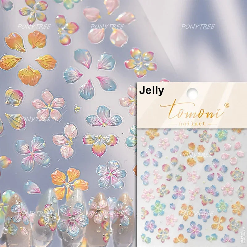 Jelly Colorful Lily Petals Flowers Gradient Halo Dyeing Delicate Shiny Dressy Rhinestone Spring Nail Art Stickers Manicure Decal