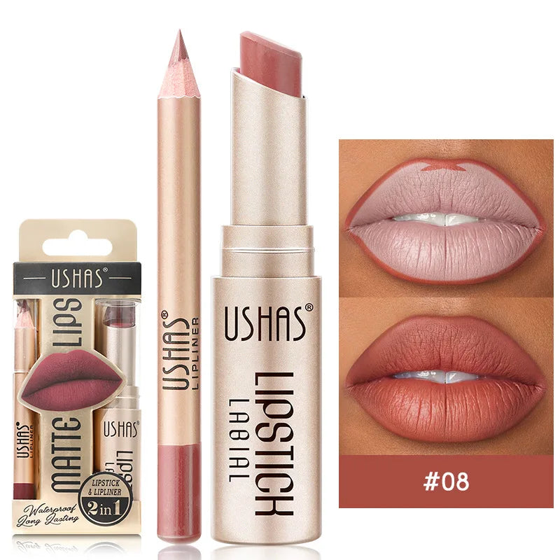 Matte Nude Lipstick&lip Liner Set Waterproof Longlasting Lip Liner High Pigmented Slim Lip Sick Lips Makeup