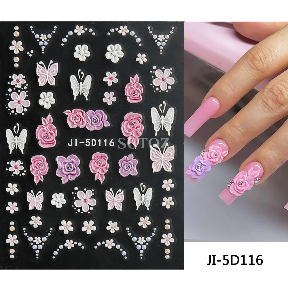 Embossed 5D Nail Art Stickers Colorful Elegant Flowers Rose Butterfly Sliders For Nails White Petals Manicure Decals GLJI-5D117