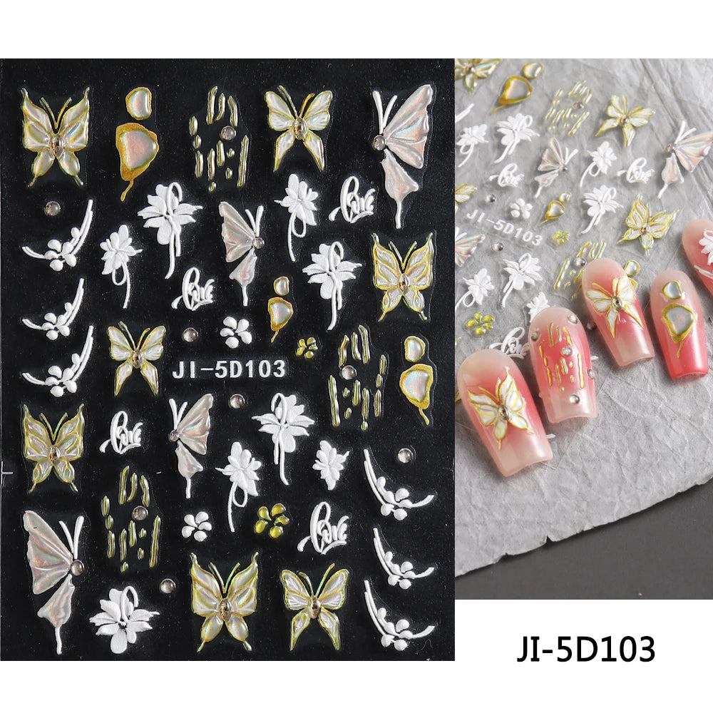 Embossed 5D Nail Art Stickers Colorful Elegant Flowers Rose Butterfly Sliders For Nails White Petals Manicure Decals GLJI-5D117