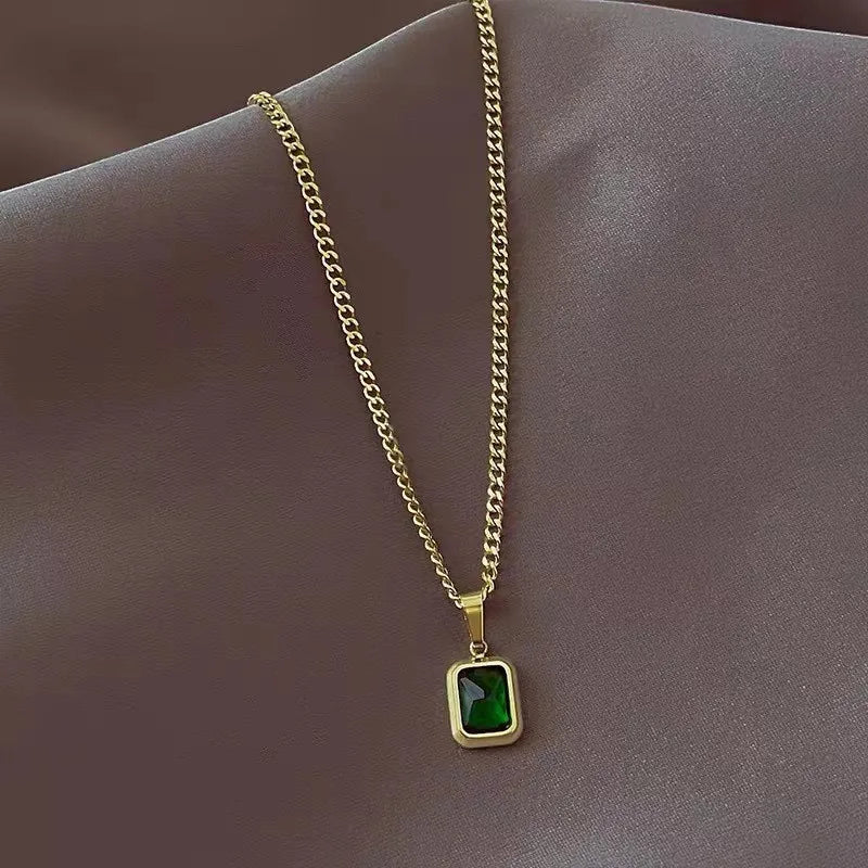 Fashion Retro Square Green Zircon Pendant Necklace For Women Charm Necklace Girls Wedding Engagement Jewelry Gift