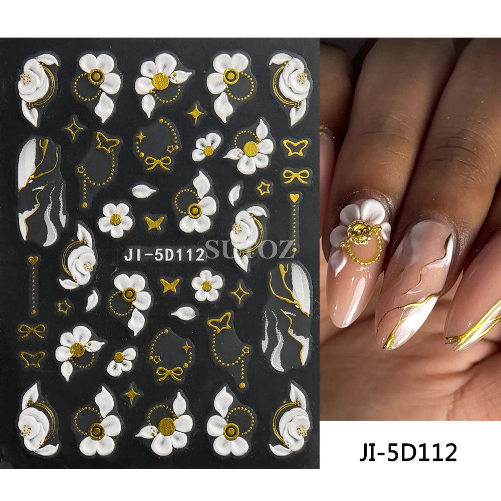 Embossed 5D Nail Art Stickers Colorful Elegant Flowers Rose Butterfly Sliders For Nails White Petals Manicure Decals GLJI-5D117
