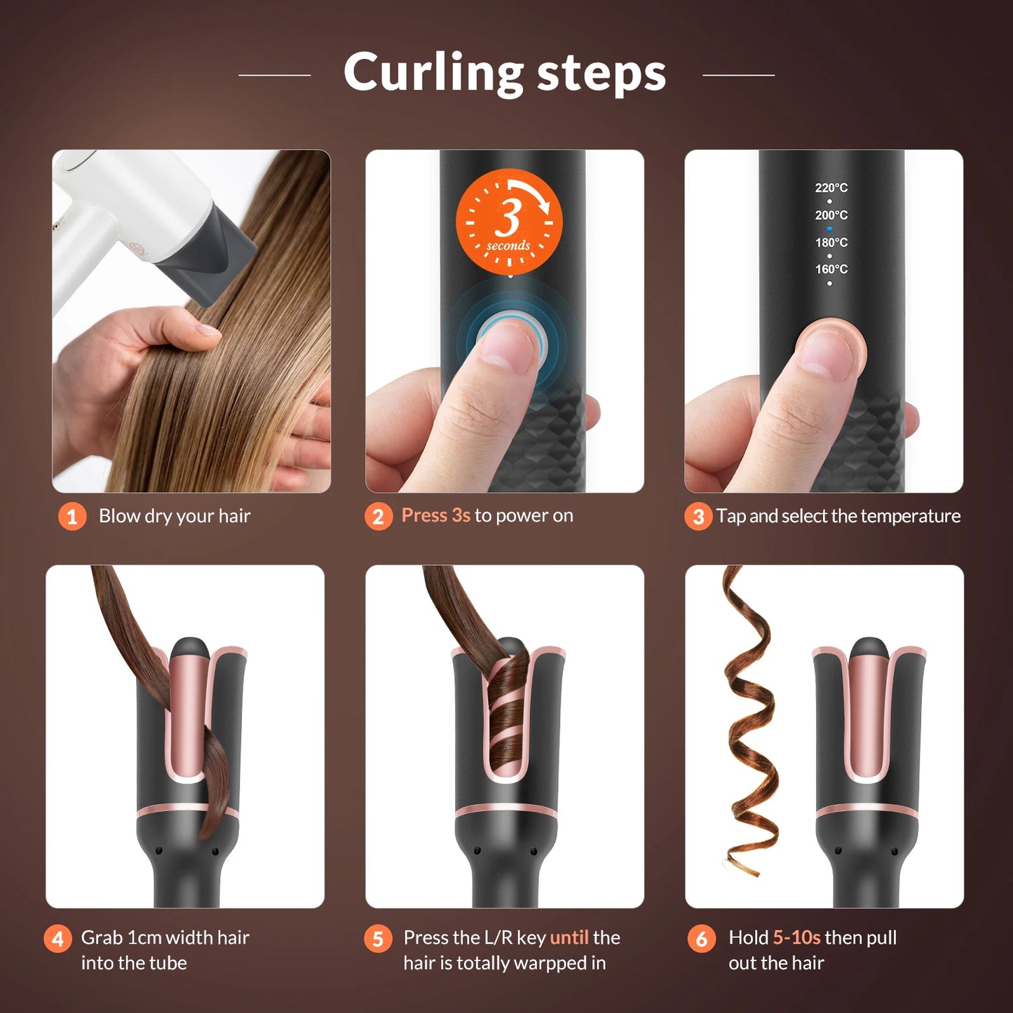Automatic Curling Iron Hair Curler Machine Electric Automatically Curly Tongs Portable Professional Auto Rotating Wand Curl
