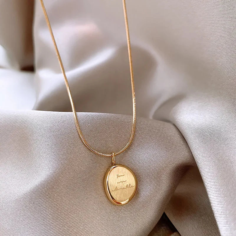 Gold Color Irregular English Letter Necklace for Women Men Stainless Steel Round Plaque Collar Chain Necklace Jewelry Gifts