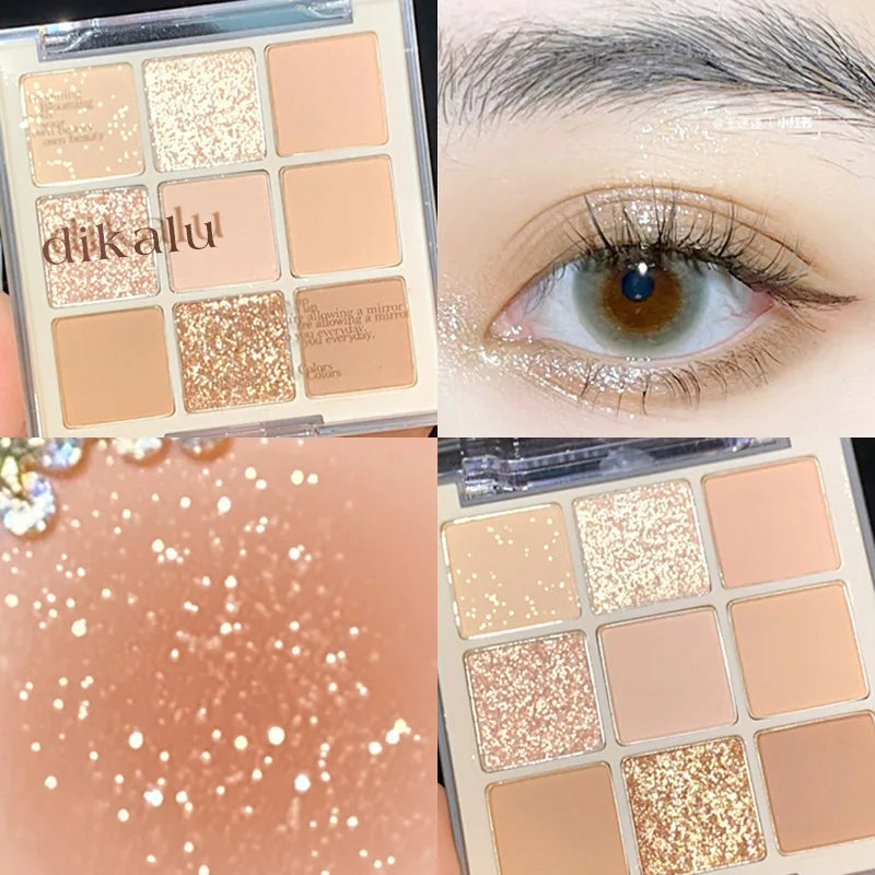 DIKALU 9 Color Eyeshadow Tray Pearl Glitter New Milky Tea Nine Grid Eyeshadow Eye Makeup
