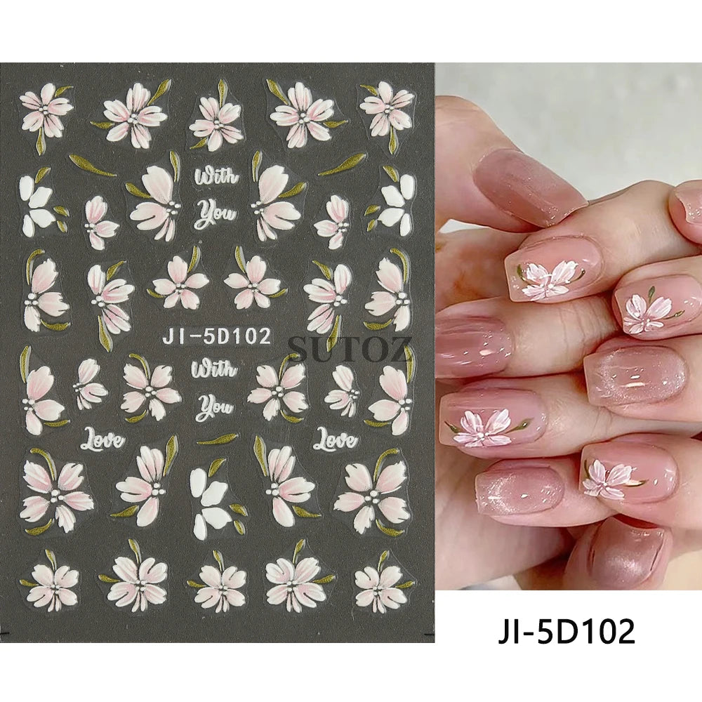 Embossed 5D Nail Art Stickers Colorful Elegant Flowers Rose Butterfly Sliders For Nails White Petals Manicure Decals GLJI-5D117