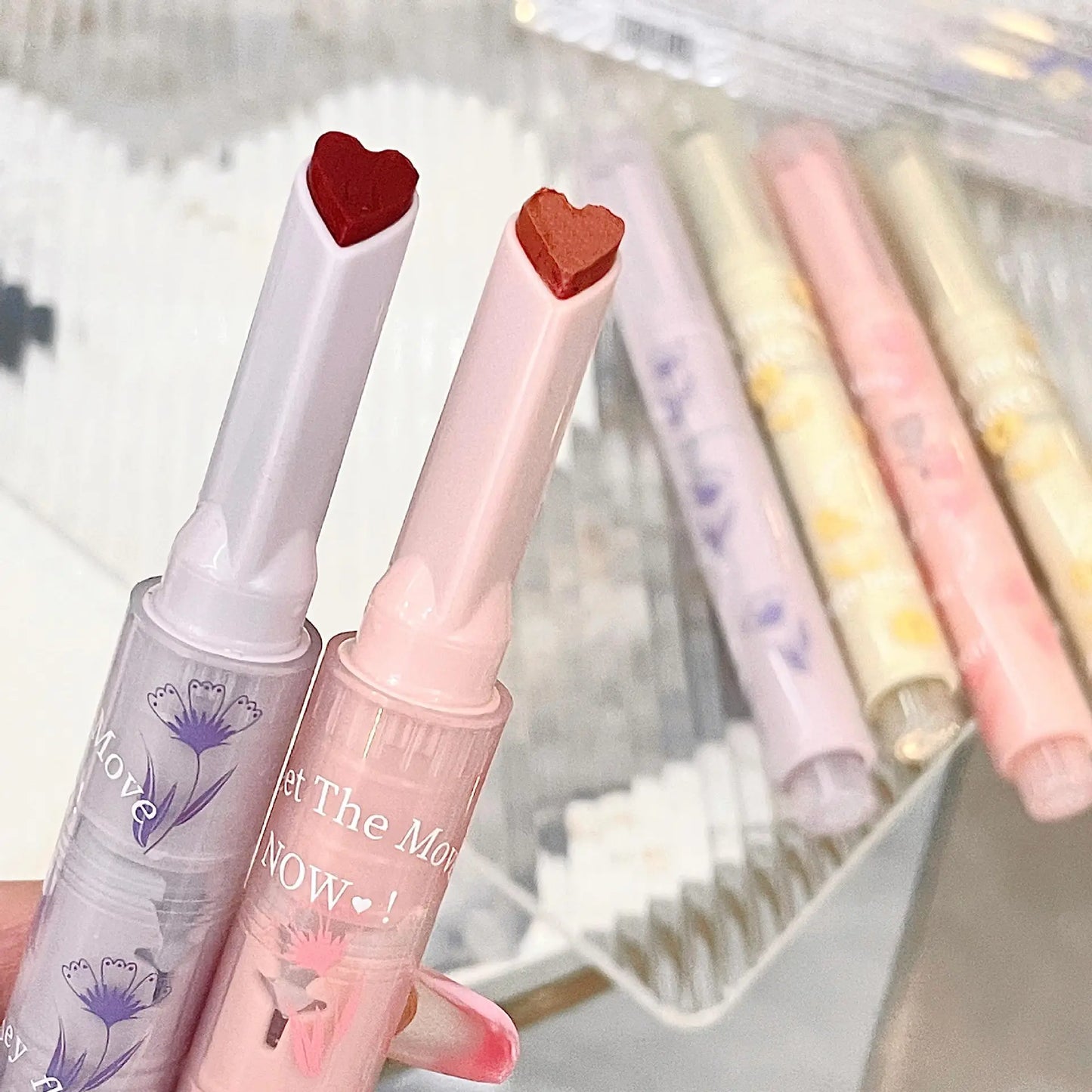 Jelly Lip Glaze Flower Mirror Water Lipstick Heart-shaped Lip Gloss Moisturizing Lipstick Pen Waterproof Non-stick Cup Korean