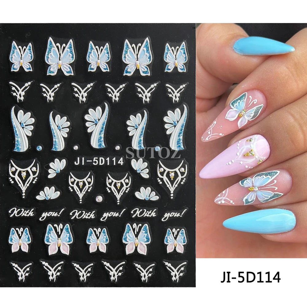 Embossed 5D Nail Art Stickers Colorful Elegant Flowers Rose Butterfly Sliders For Nails White Petals Manicure Decals GLJI-5D117