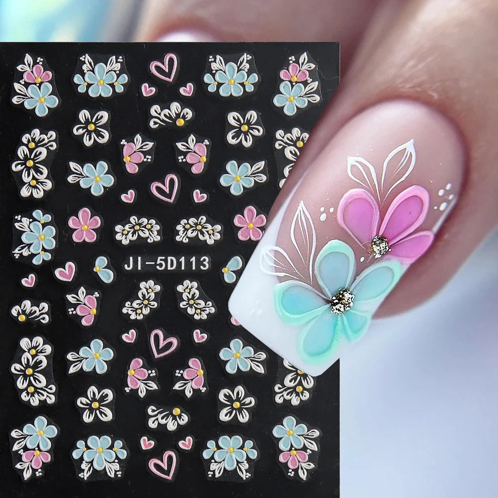 Embossed 5D Nail Art Stickers Colorful Elegant Flowers Rose Butterfly Sliders For Nails White Petals Manicure Decals GLJI-5D117