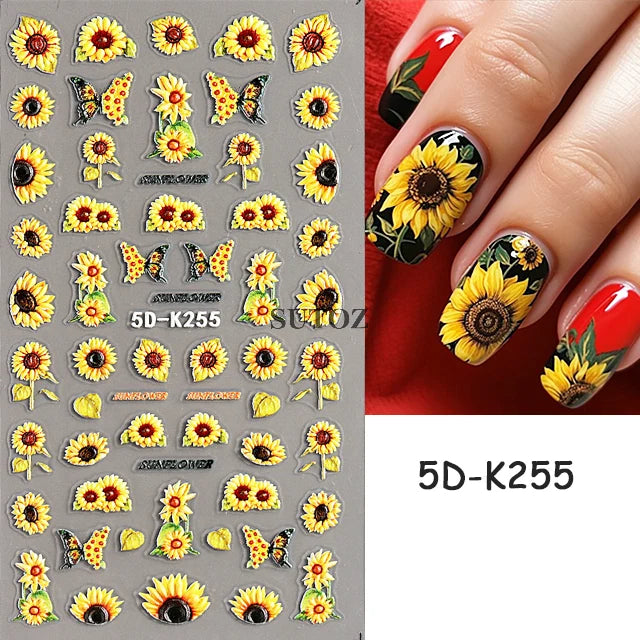 Embossed 5D Nail Art Stickers Colorful Elegant Flowers Rose Butterfly Sliders For Nails White Petals Manicure Decals GLJI-5D117