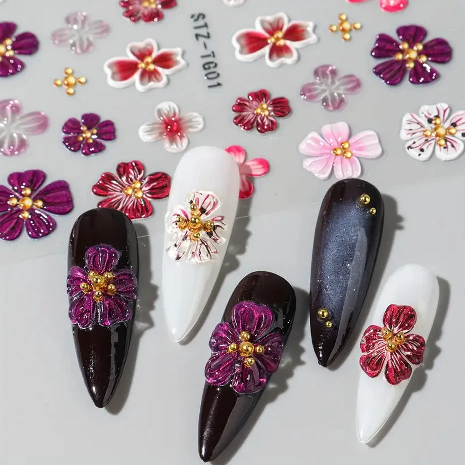 5D Embossed Fairy Orchid Hibiscus Nail Art Stickers Colorful Flowers Transparent Floral Decals Self-Adhesive Charms for Manicure