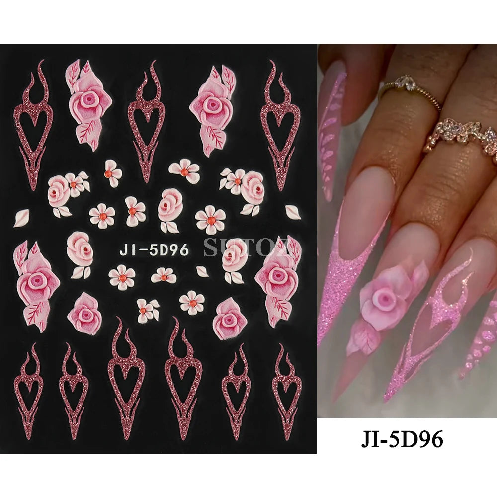 Embossed 5D Nail Art Stickers Colorful Elegant Flowers Rose Butterfly Sliders For Nails White Petals Manicure Decals GLJI-5D117