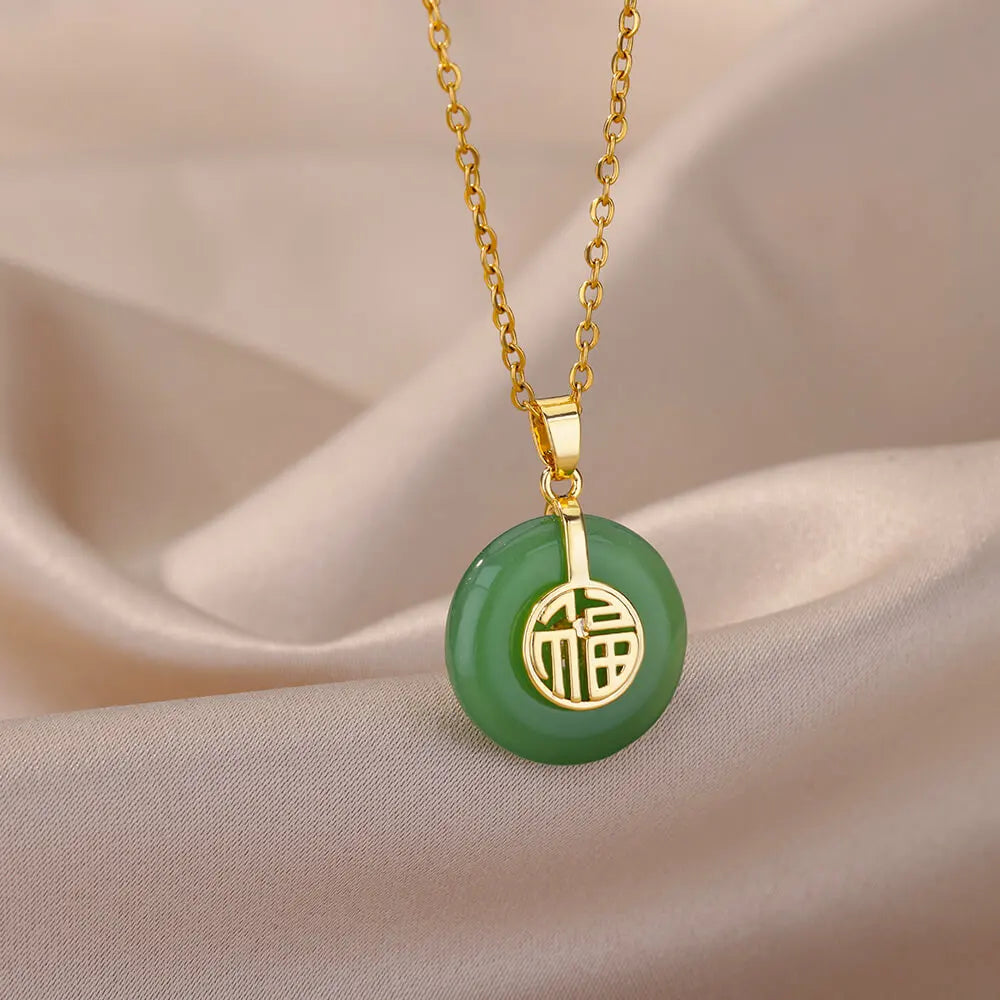 Fashion Stone Opal Oval Necklace For Women Stainless Steel Gold Color Green Stone Pendant Necklace Wedding Aesthetic Jewelry Gif