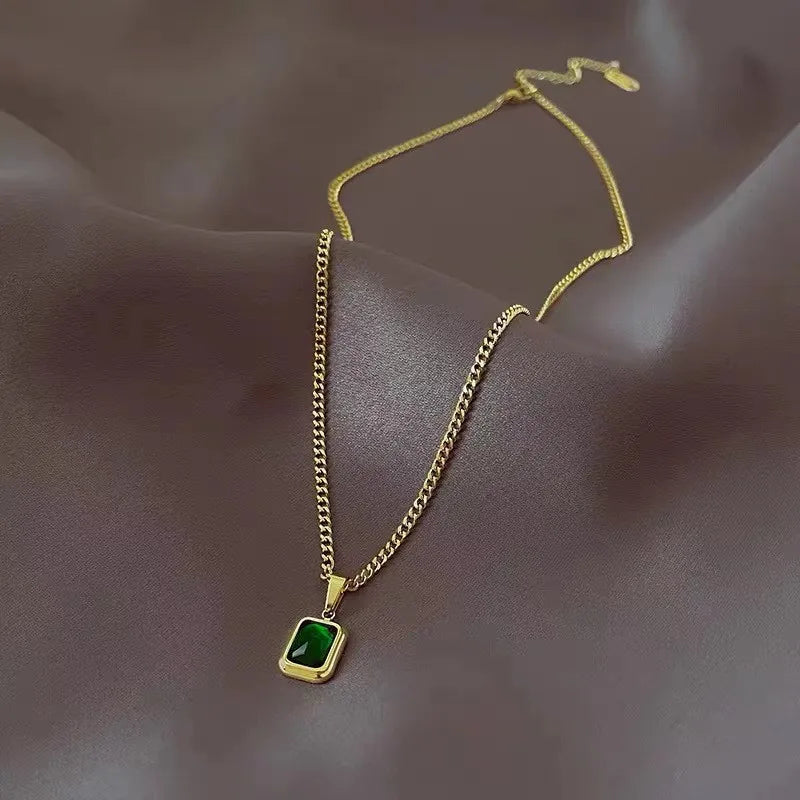 Fashion Retro Square Green Zircon Pendant Necklace For Women Charm Necklace Girls Wedding Engagement Jewelry Gift