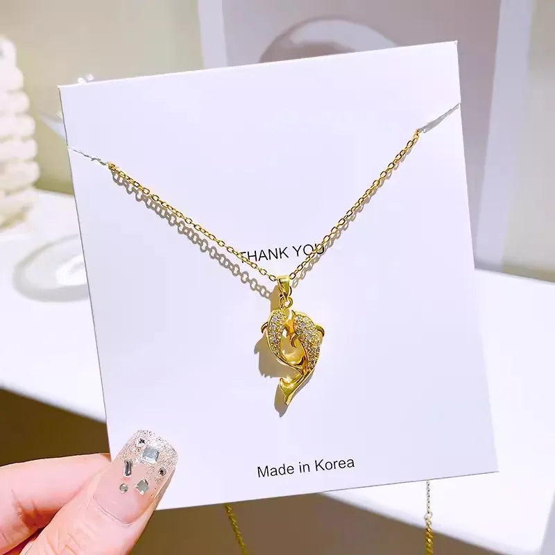 Exquisite titanium steel necklace with dolphin pendant, sparkling zircon, women's lock collar chain jewelry