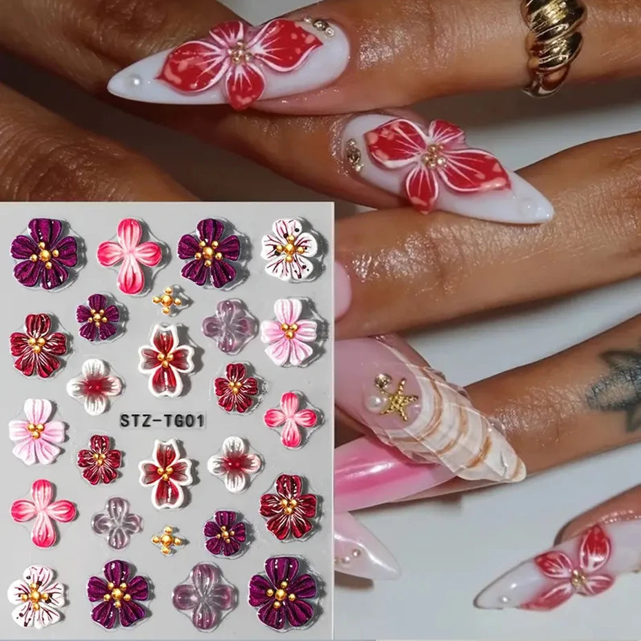 5D Embossed Fairy Orchid Hibiscus Nail Art Stickers Colorful Flowers Transparent Floral Decals Self-Adhesive Charms for Manicure