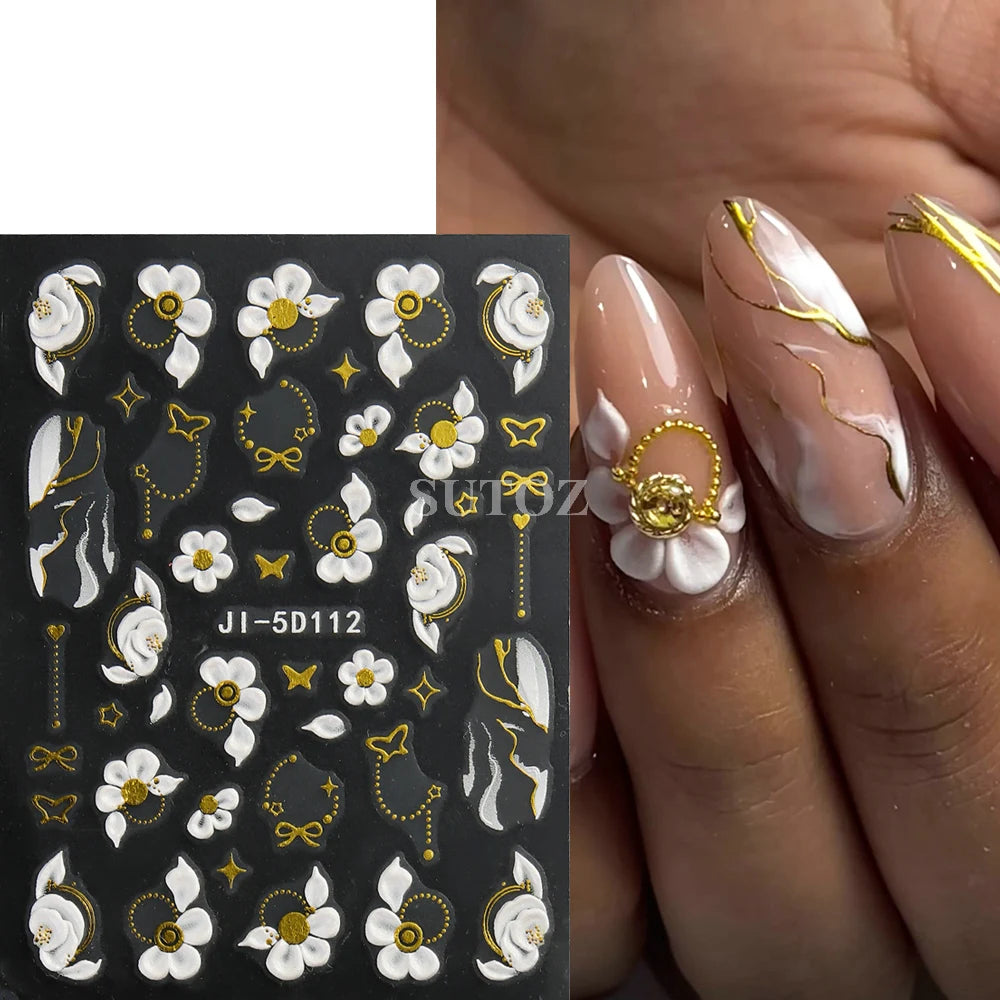 Embossed 5D Nail Art Stickers Colorful Elegant Flowers Rose Butterfly Sliders For Nails White Petals Manicure Decals GLJI-5D117