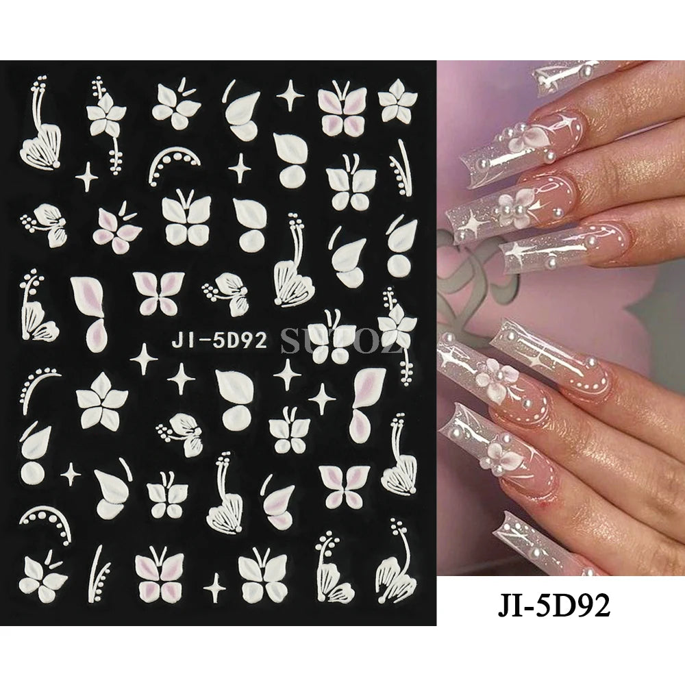 Embossed 5D Nail Art Stickers Colorful Elegant Flowers Rose Butterfly Sliders For Nails White Petals Manicure Decals GLJI-5D117