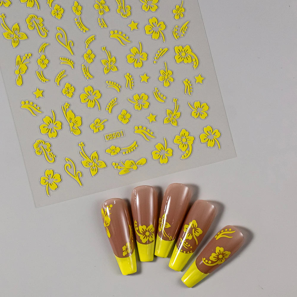 1pc 3D Hibiscus Flowers Nail Sticker White Black Flower Petals Adhesive Decals Pink Golden Floral Slider For Nail Art Decoration