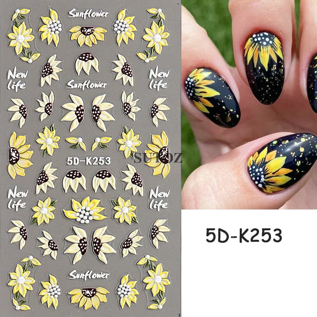 Embossed 5D Nail Art Stickers Colorful Elegant Flowers Rose Butterfly Sliders For Nails White Petals Manicure Decals GLJI-5D117