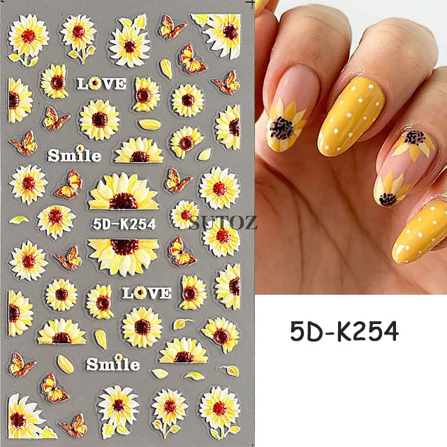 Embossed 5D Nail Art Stickers Colorful Elegant Flowers Rose Butterfly Sliders For Nails White Petals Manicure Decals GLJI-5D117