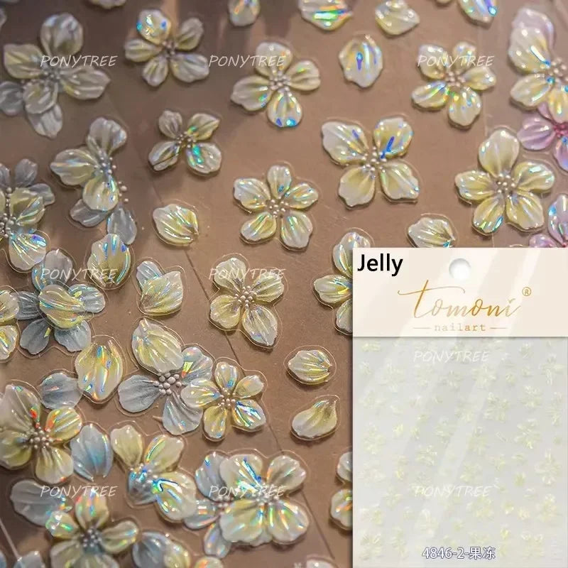 Jelly Colorful Lily Petals Flowers Gradient Halo Dyeing Delicate Shiny Dressy Rhinestone Spring Nail Art Stickers Manicure Decal
