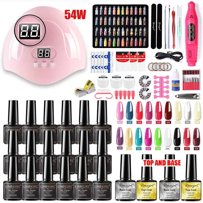 Limegirl Nail Set Nail Gel Tools Kit 54W Nail Lamp 18/12/7 Colors UV Gel Nail Polish Kit Contains Nail Drill Machine Nail Kit