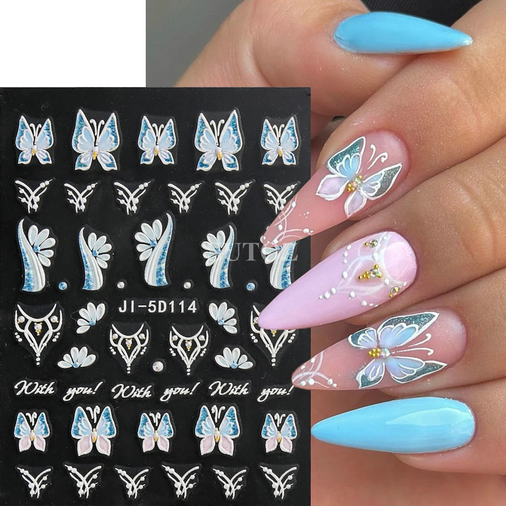 Embossed 5D Nail Art Stickers Colorful Elegant Flowers Rose Butterfly Sliders For Nails White Petals Manicure Decals GLJI-5D117