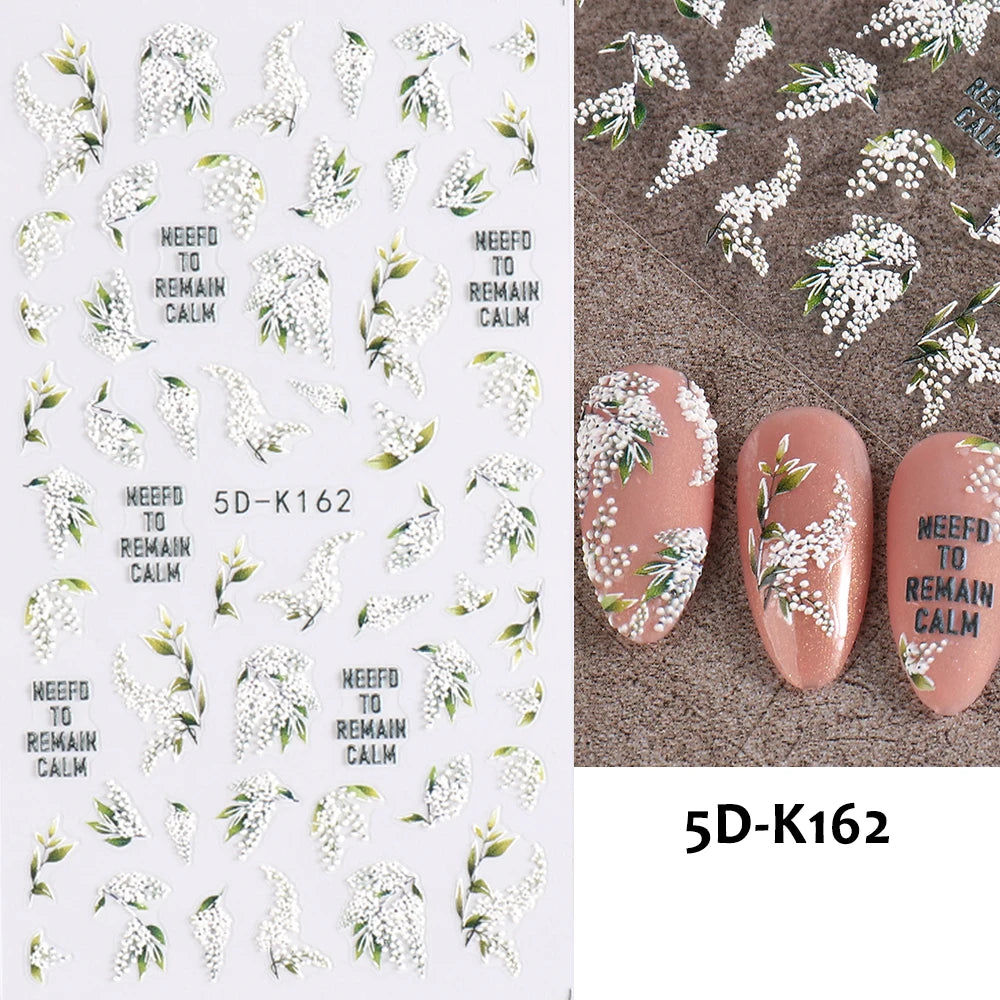 Embossed 5D Nail Art Stickers Colorful Elegant Flowers Rose Butterfly Sliders For Nails White Petals Manicure Decals GLJI-5D117