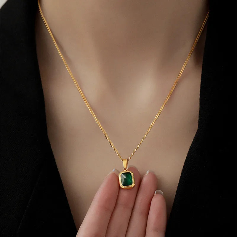 Fashion Retro Square Green Zircon Pendant Necklace For Women Charm Necklace Girls Wedding Engagement Jewelry Gift