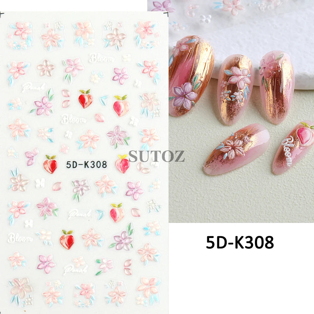 Embossed 5D Nail Art Stickers Colorful Elegant Flowers Rose Butterfly Sliders For Nails White Petals Manicure Decals GLJI-5D117