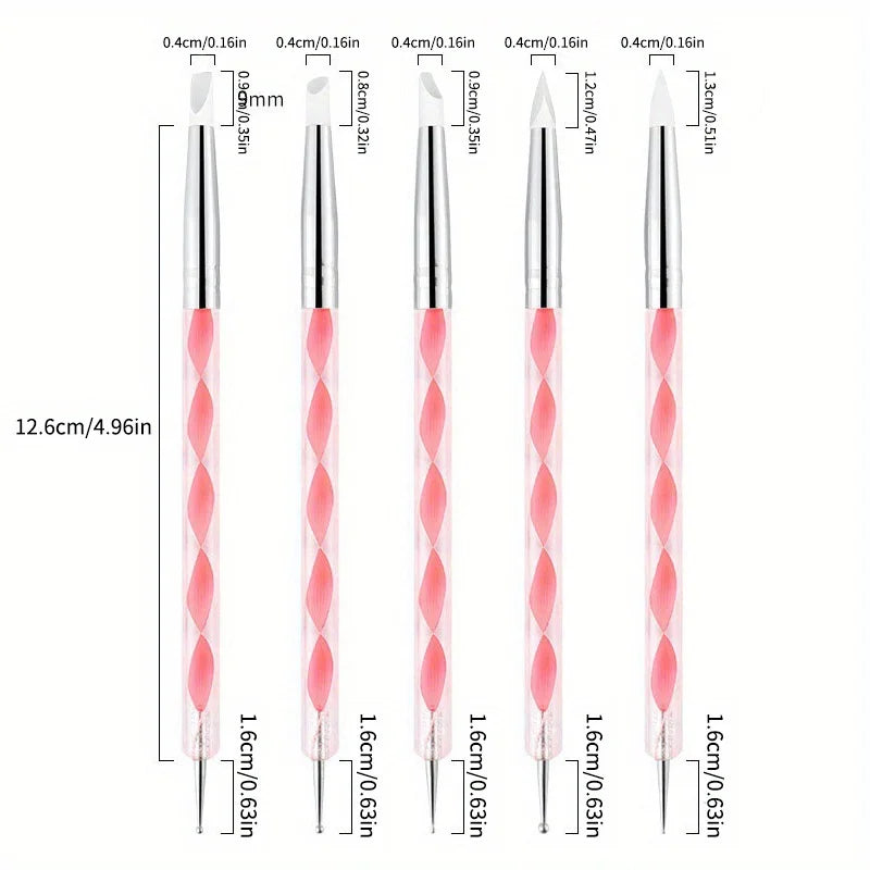 5Pcs 2 Way Nail Art Acrylic Silicone Point Flower Nail Pen Stainless Steel Dotting Tools Marbleizing Painting Pens