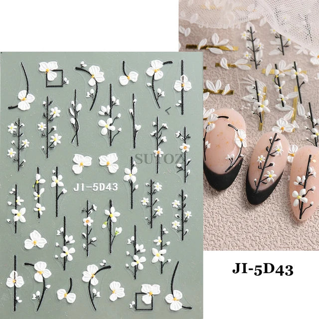 Embossed 5D Nail Art Stickers Colorful Elegant Flowers Rose Butterfly Sliders For Nails White Petals Manicure Decals GLJI-5D117