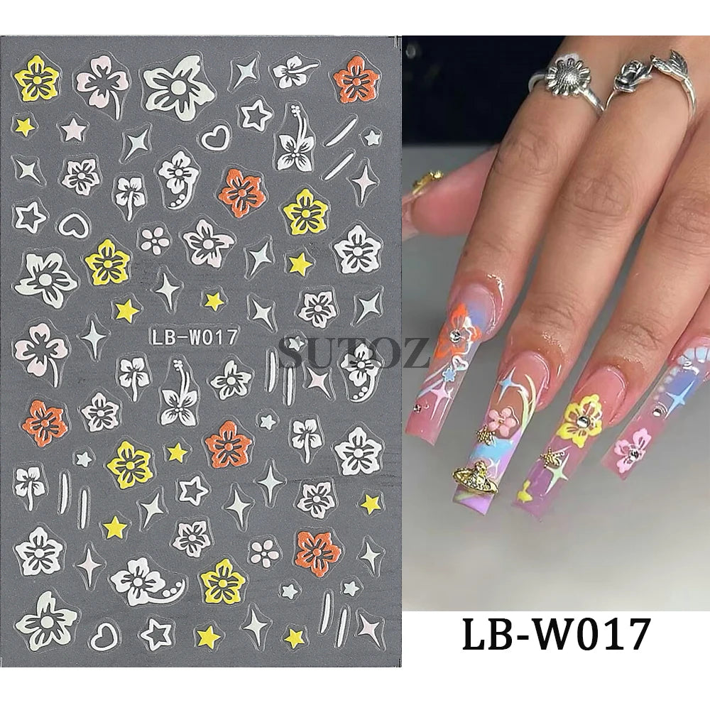 Embossed 5D Nail Art Stickers Colorful Elegant Flowers Rose Butterfly Sliders For Nails White Petals Manicure Decals GLJI-5D117