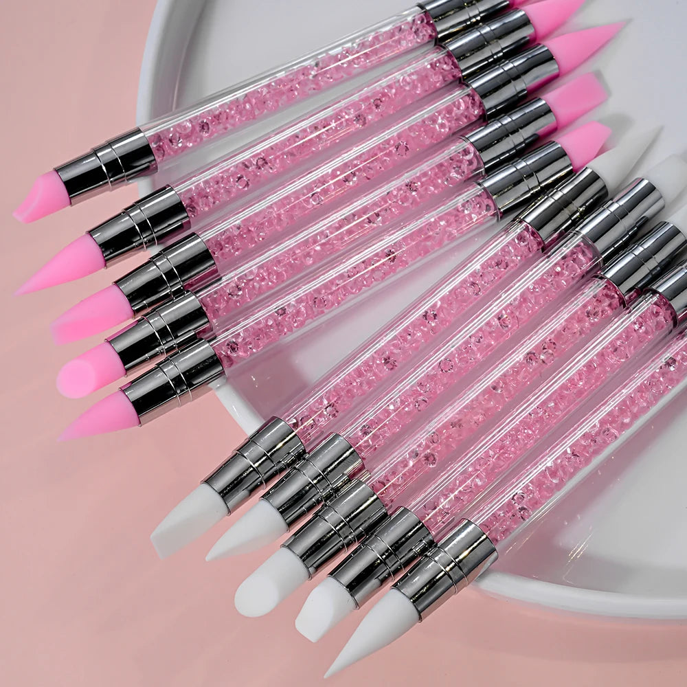 5Pcs/Set Pink Dual Ended Rhinestone Nail Art Silicone Pen Sculpture Pen/3D Flower Carving/Dotting Nail Tool 13cmManicure Brush