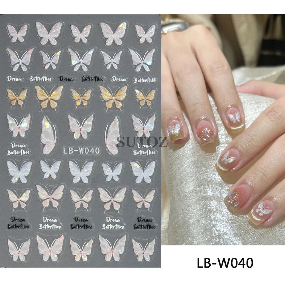 Embossed 5D Nail Art Stickers Colorful Elegant Flowers Rose Butterfly Sliders For Nails White Petals Manicure Decals GLJI-5D117