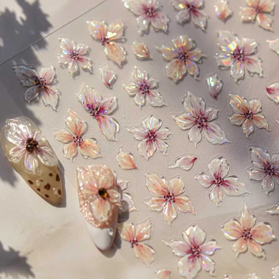 Jelly Colorful Lily Petals Flowers Gradient Halo Dyeing Delicate Shiny Dressy Rhinestone Spring Nail Art Stickers Manicure Decal