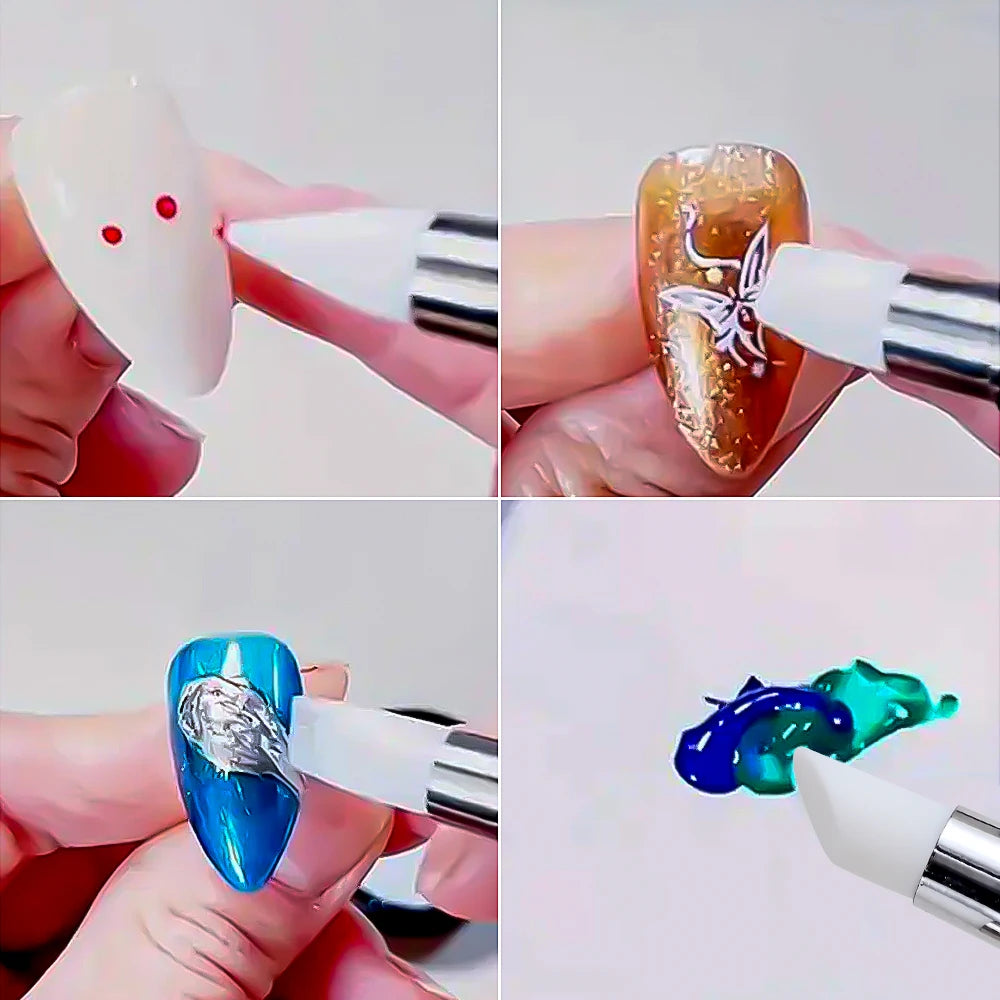 5Pcs/Set Pink Dual Ended Rhinestone Nail Art Silicone Pen Sculpture Pen/3D Flower Carving/Dotting Nail Tool 13cmManicure Brush