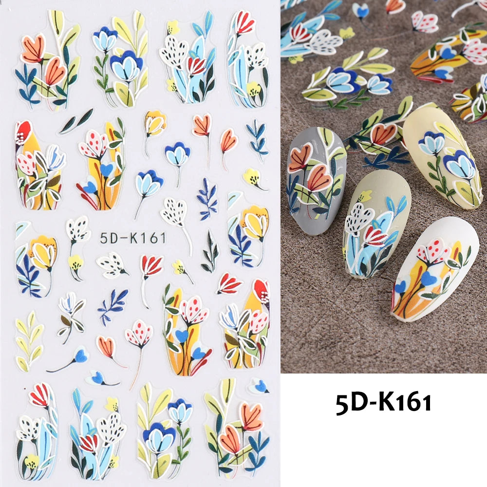 Embossed 5D Nail Art Stickers Colorful Elegant Flowers Rose Butterfly Sliders For Nails White Petals Manicure Decals GLJI-5D117