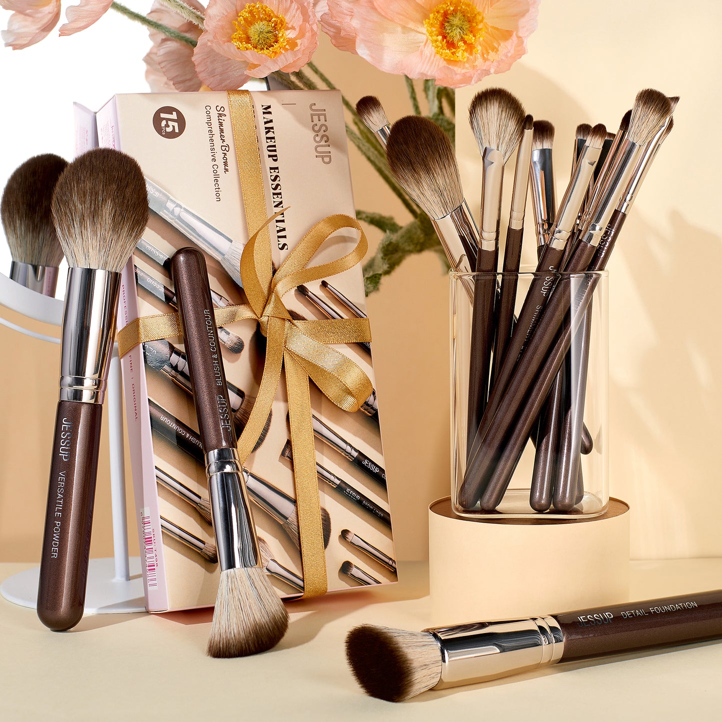 Jessup Makeup Brushes set 15pcs Brown Make up Brushes Vegan Foundation Blender Concealer Powder Eyeshadow Highlighter