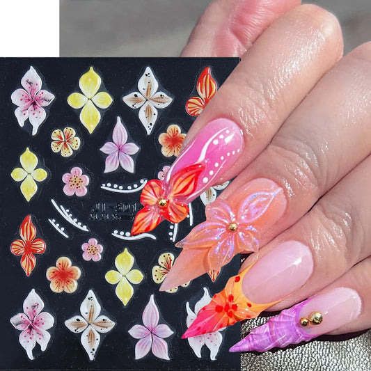 5D Embossed Hibiscus Nail Sticker Pink Lily Decals Hawaiian Flowers Slider For Nails Colorful Petals Charms Manicure Decor NLJI