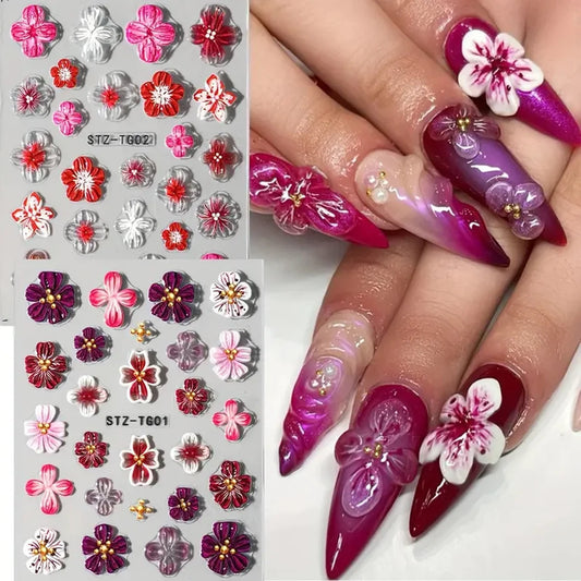5D Embossed Fairy Orchid Hibiscus Nail Art Stickers Colorful Flowers Transparent Floral Decals Self-Adhesive Charms for Manicure